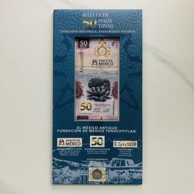 53rd ￥￥ 美洲的塑料钞和纸钞（靓号和首发冠，获奖钞等） - 墨西哥2021年50比索塑料钞，带册稀少千位号（AA0002609）,IBNS获奖钞