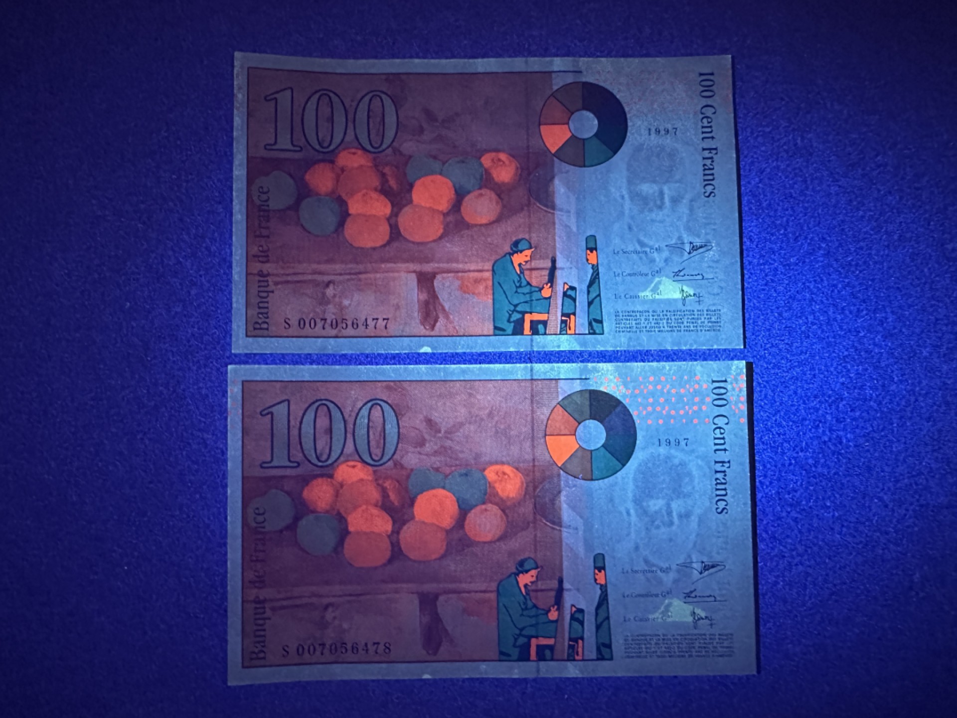 《张总收藏》78期——女王精品 法国100法郎 连号2张 UNC 1997年末版 法国印象派画家保罗·塞尚 边缘轻微荧光
