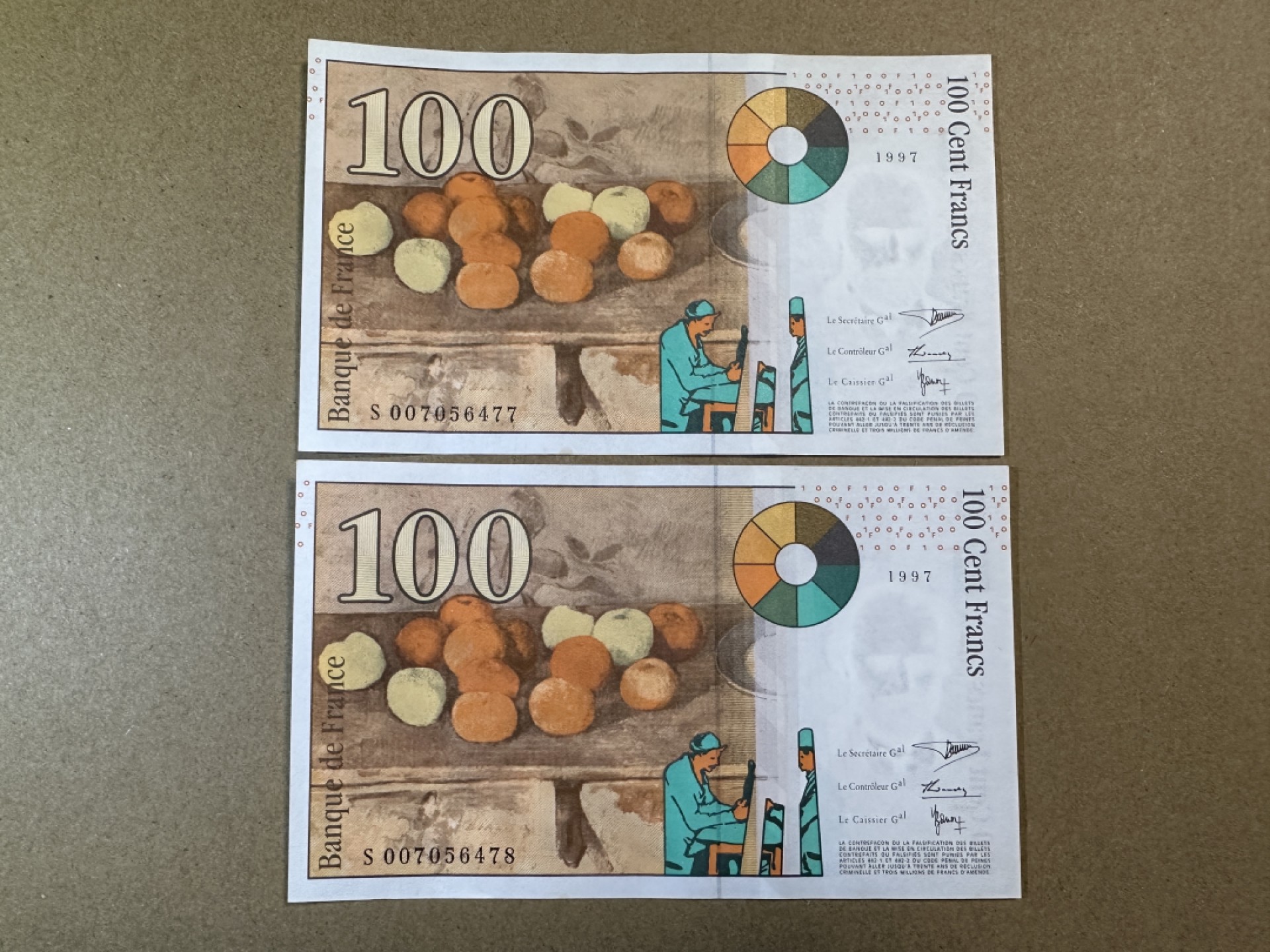 《张总收藏》78期——女王精品 法国100法郎 连号2张 UNC 1997年末版 法国印象派画家保罗·塞尚 边缘轻微荧光