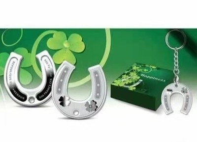 【海寧潮】拍卖第四十七期（双11狂嗨） - 【海寧潮：】【双11情人节】喀麦隆2018,"幸运符-马蹄铁"(幸运的幸福)，镶嵌施华洛世奇、异形、圆孔、幸运草图案、项链吊坠精制银币.盒证全