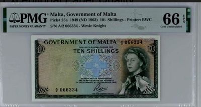 【Blue Auction】✨世界纸币精拍第246期【精】 - 【初版冠军分少见】马耳他 1963年10先令 绿色版 戎装女王 BWC出品 PMG66EPQ 