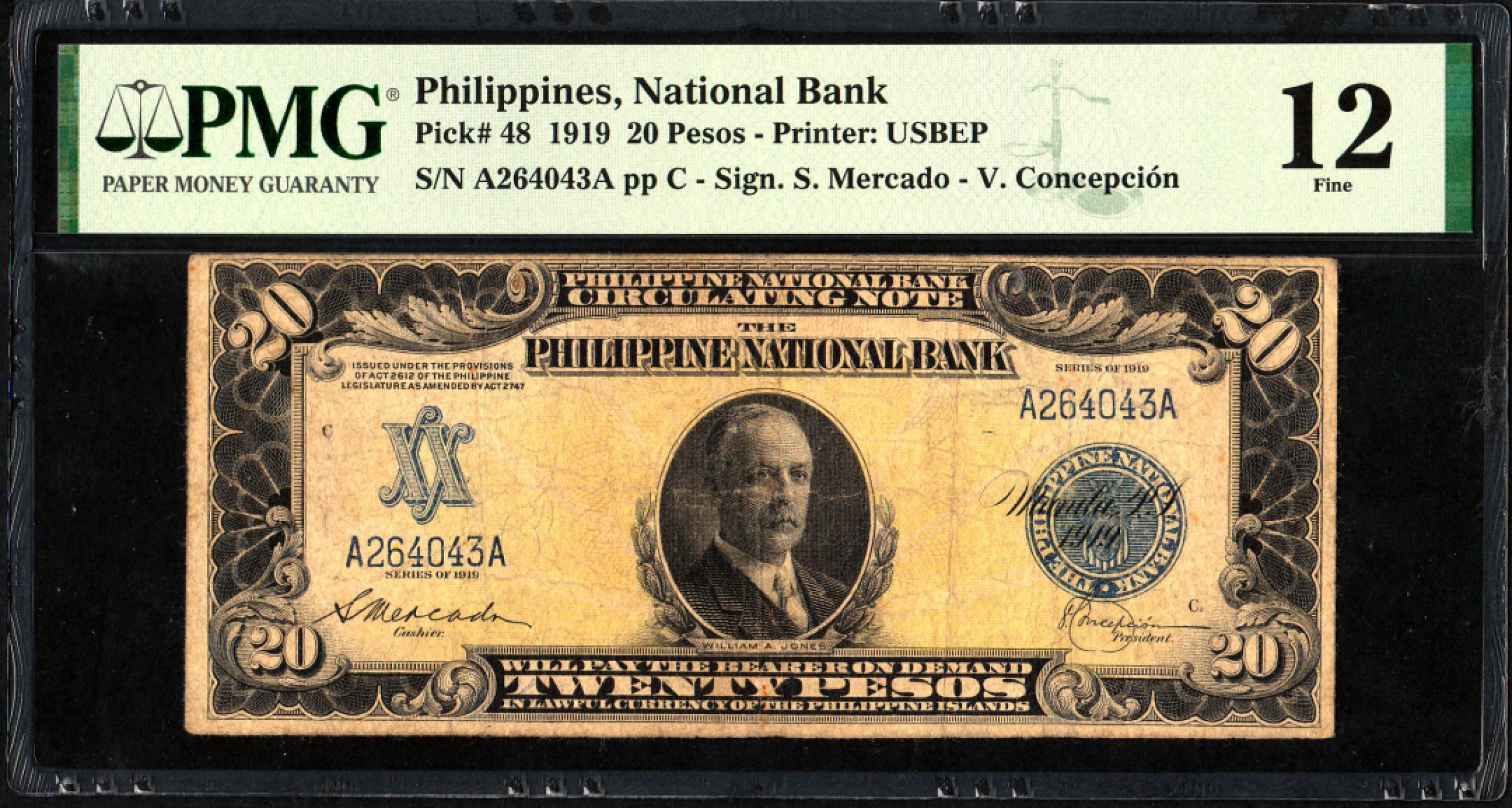 收藏联盟Quantum Auction 第205期拍卖 菲律宾1919年20比索 PMG12 双A冠 稀少