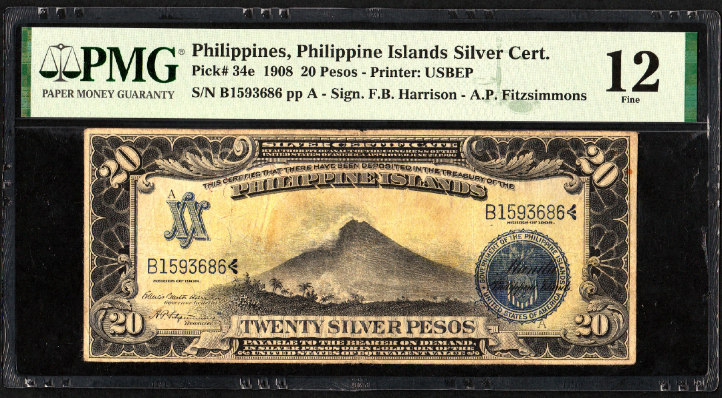 收藏联盟Quantum Auction 第205期拍卖 菲律宾1908年20比索 PMG12 世界最美“圆锥体”马荣火山