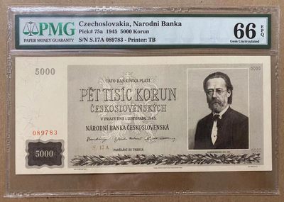 【Blue Auction】✨世界纸币精拍第246期【精】 - 【实钞高分】捷克斯洛伐克  1945年5000克朗 PMG66EPQ 精美大票幅 作曲家斯美塔那 