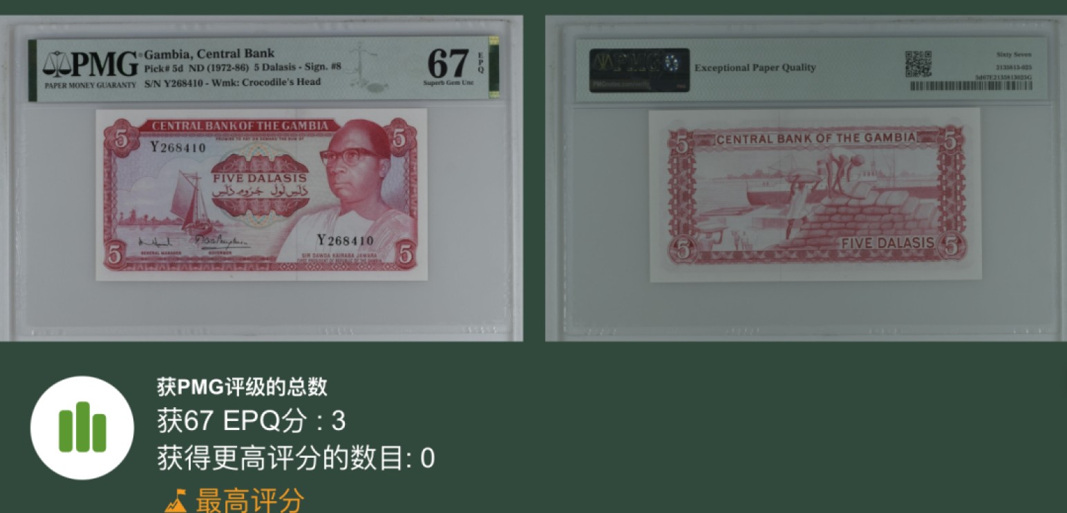 收藏联盟Quantum Auction 第205期拍卖 冈比亚1972-76年5达勒斯 PMG67 d版稀少冠军分
