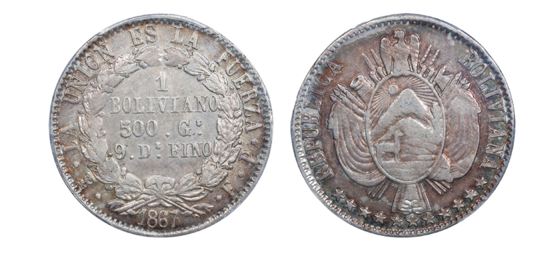 丹枫银秋-南京三省2022年秋季拍卖会 玻利维亚1867PTSFE Potosi Mint 1Bol