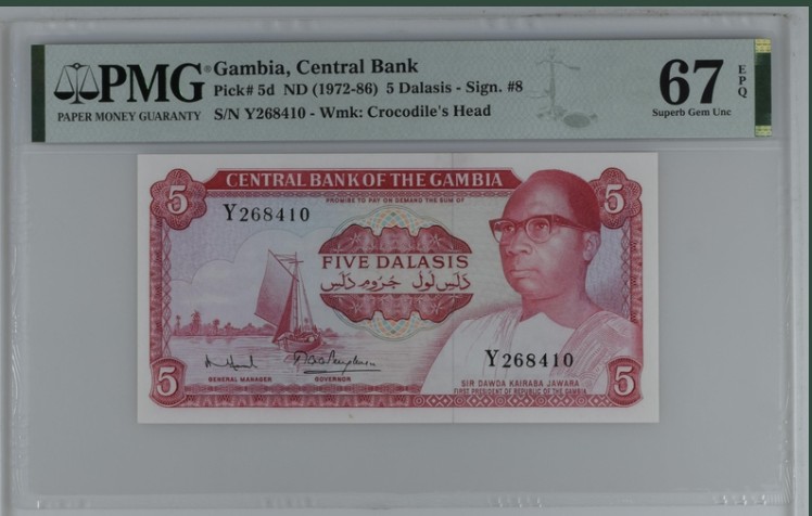收藏联盟Quantum Auction 第205期拍卖 冈比亚1972-76年5达勒斯 PMG67 d版稀少冠军分
