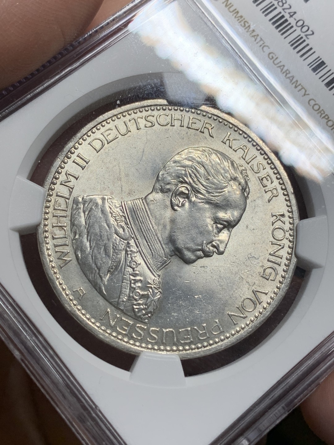 《竞宝斋》第113场-周日，周一 ，2场连拍（全场包邮） NGC MS61  德国 1913年 普鲁士 威廉二世 军装版5马克，强转光，底板清晰，低评