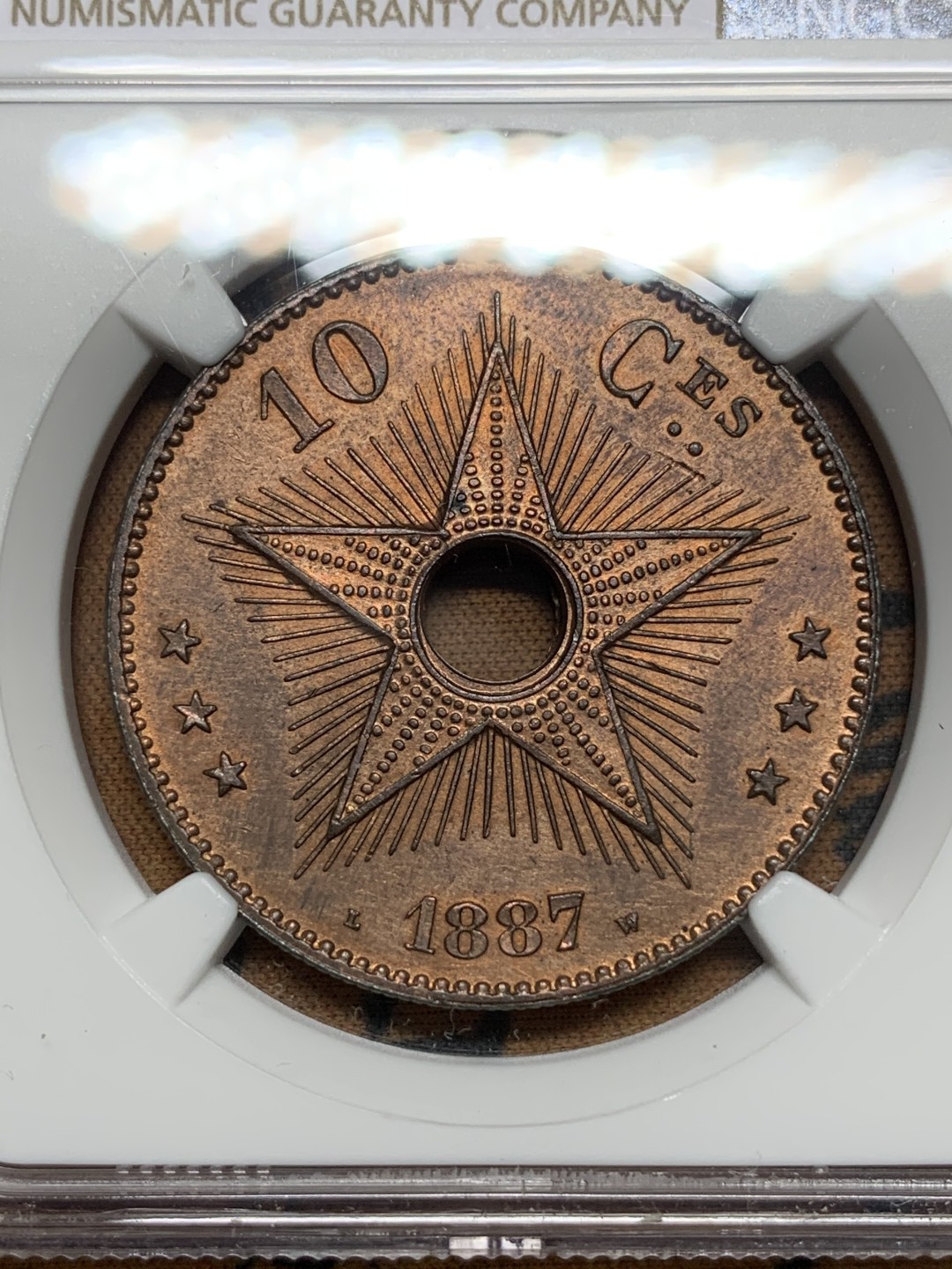 《竞宝斋》第113场-周日，周一 ，2场连拍（全场包邮） NGC-UNC 比属刚果 1887年 10分大铜板 五星图案非常漂亮 看不出洗 也被枪毙了 