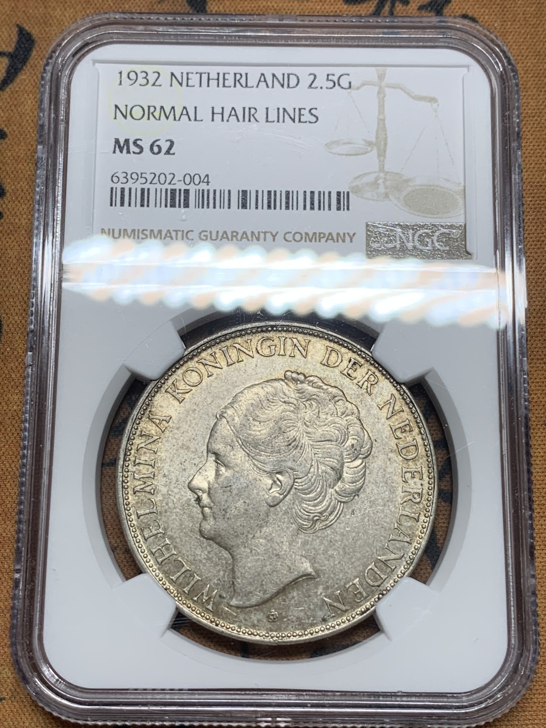《竞宝斋》第113场-周日，周一 ，2场连拍（全场包邮） NGC-MS62 荷兰1932年 威廉米娜女王2.5盾 大银币 好品原味
