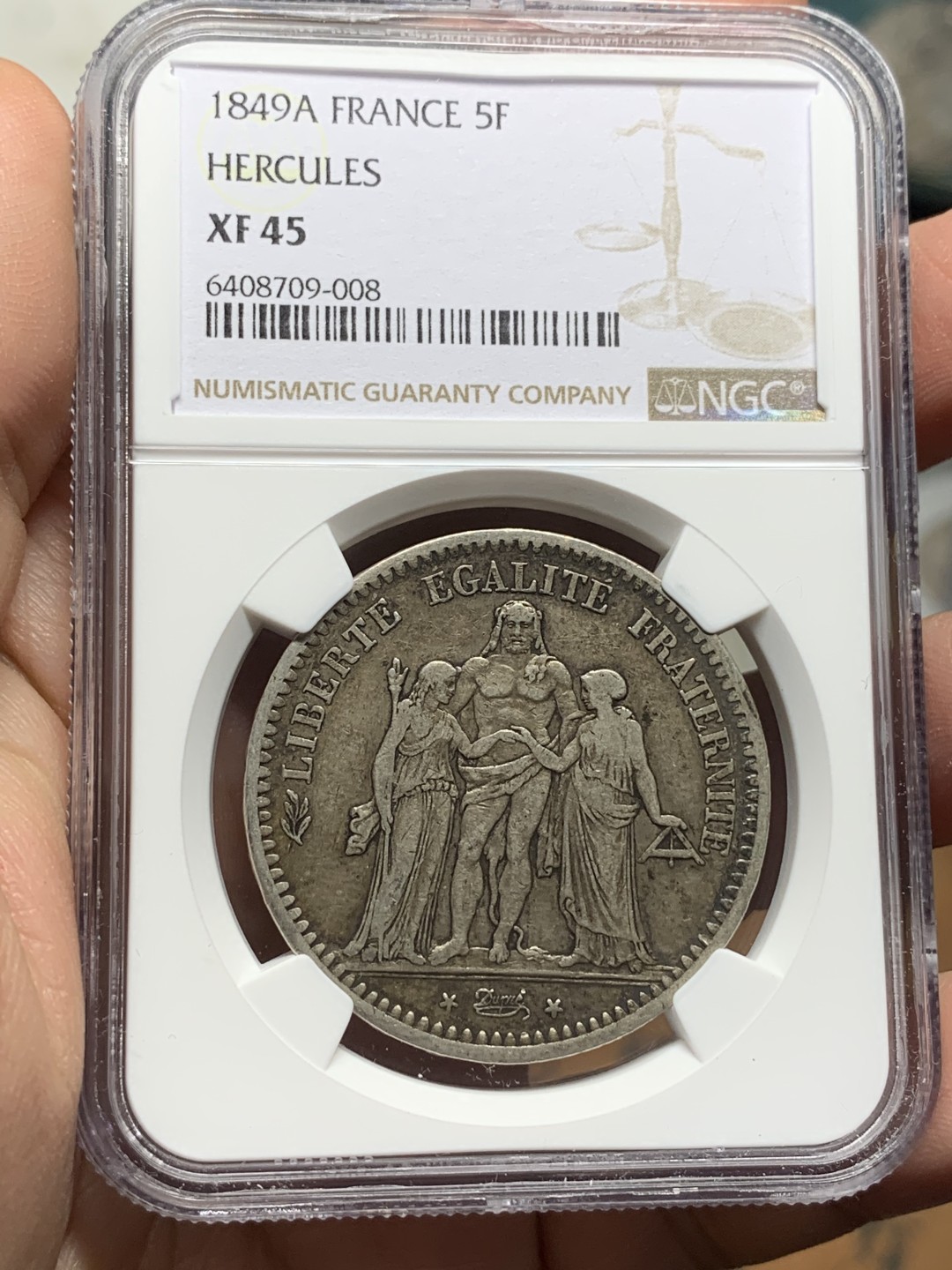 《竞宝斋》第113场-周日，周一 ，2场连拍（全场包邮） NGC-XF45 法国1849年 早期大力神 5法郎大银币 原味好品