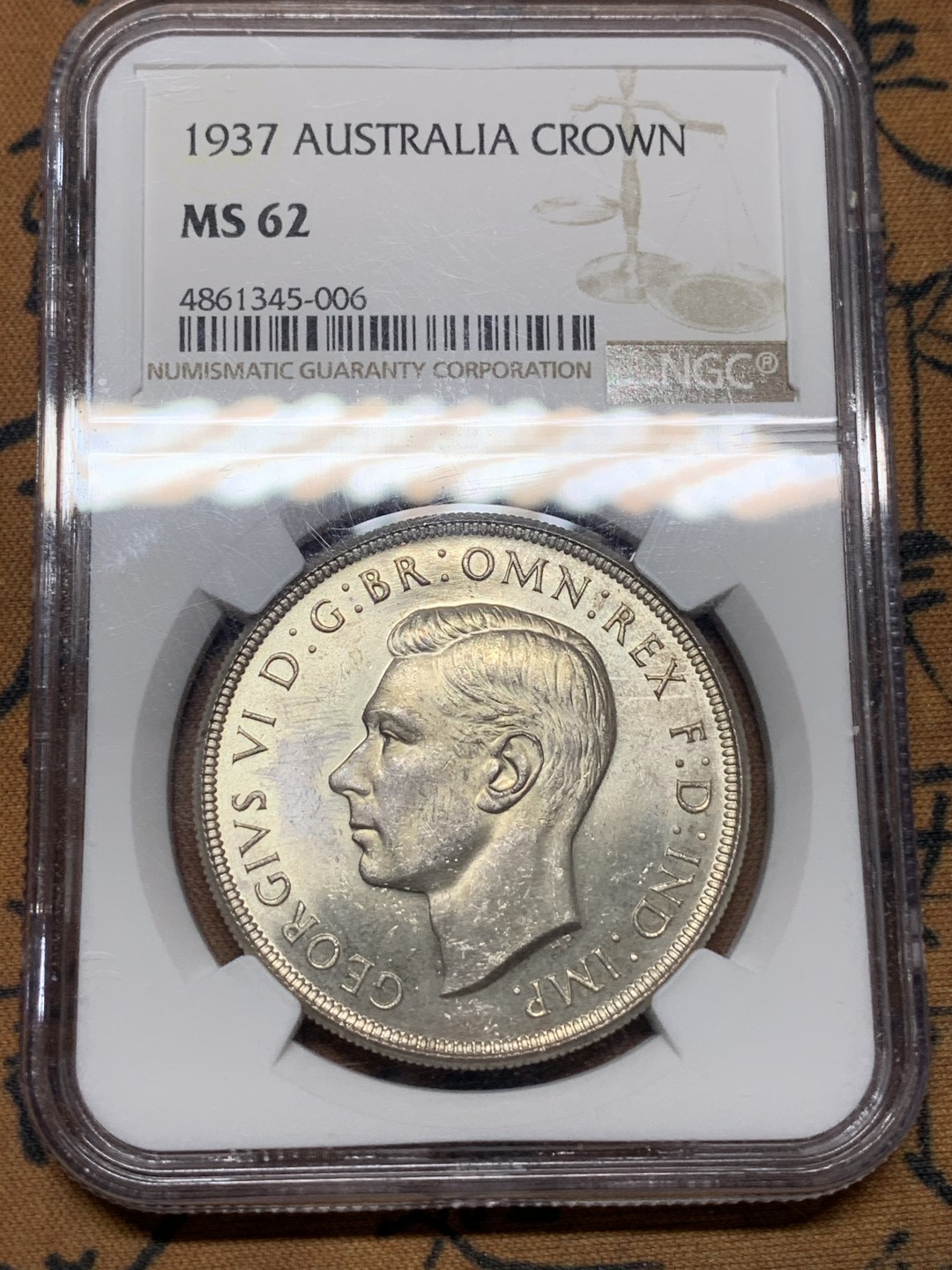 《竞宝斋》第113场-周日，周一 ，2场连拍（全场包邮） NGC MS62 澳大利亚 1937年 乔治六世 皇冠 克朗 银币 上MS的不多