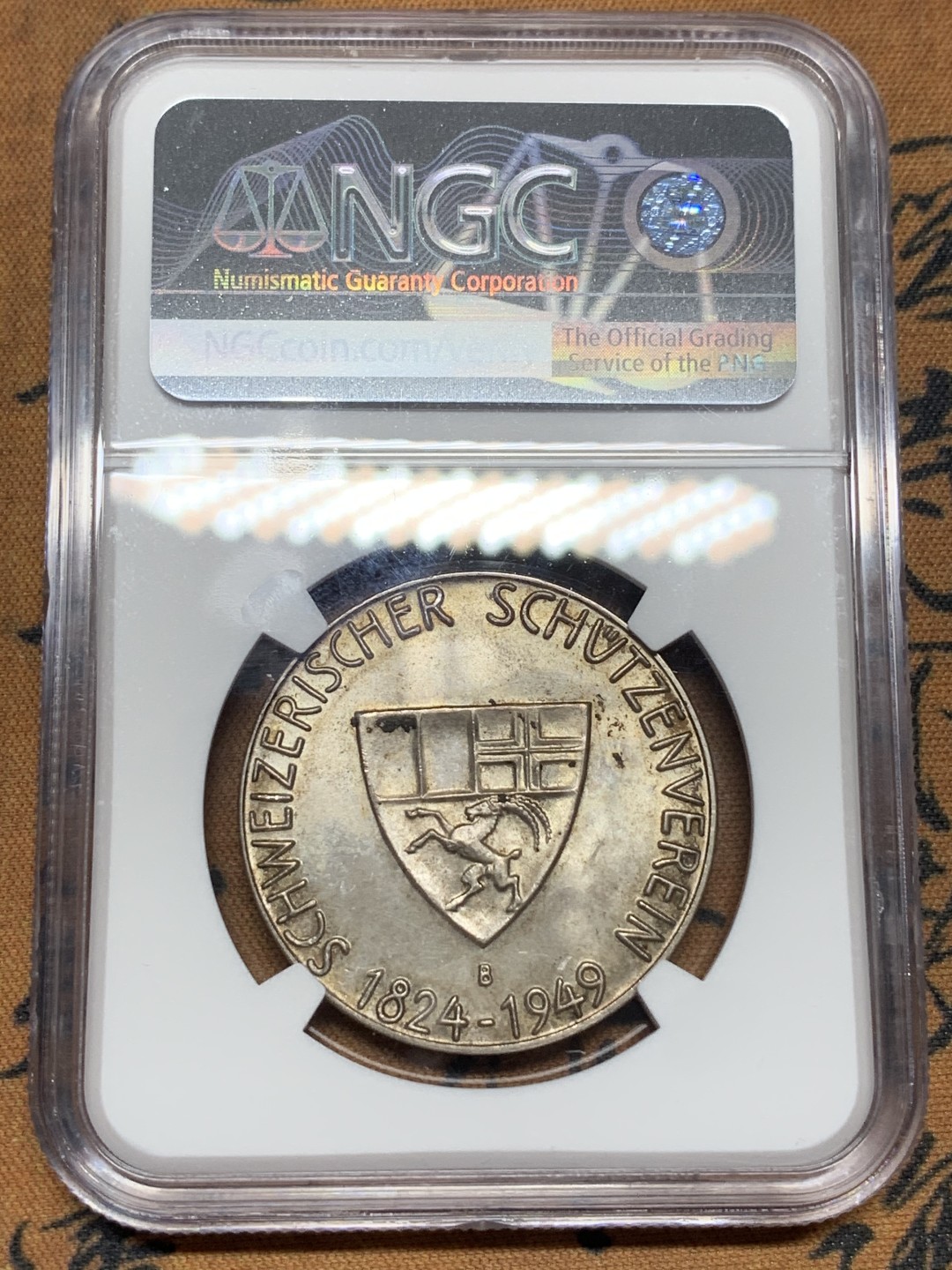 《竞宝斋》第113场-周日，周一 ，2场连拍（全场包邮） NGC MS63，瑞士1949年劳宾登射击节银章，总共不到500枚