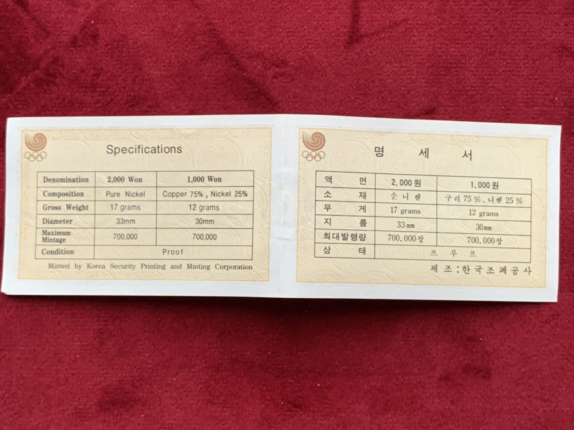 《竞宝斋》第113场-周日，周一 ，2场连拍（全场包邮） 韩国 1988年汉城奥运会 1000+2000韩元2枚装精制套币 原盒原整书