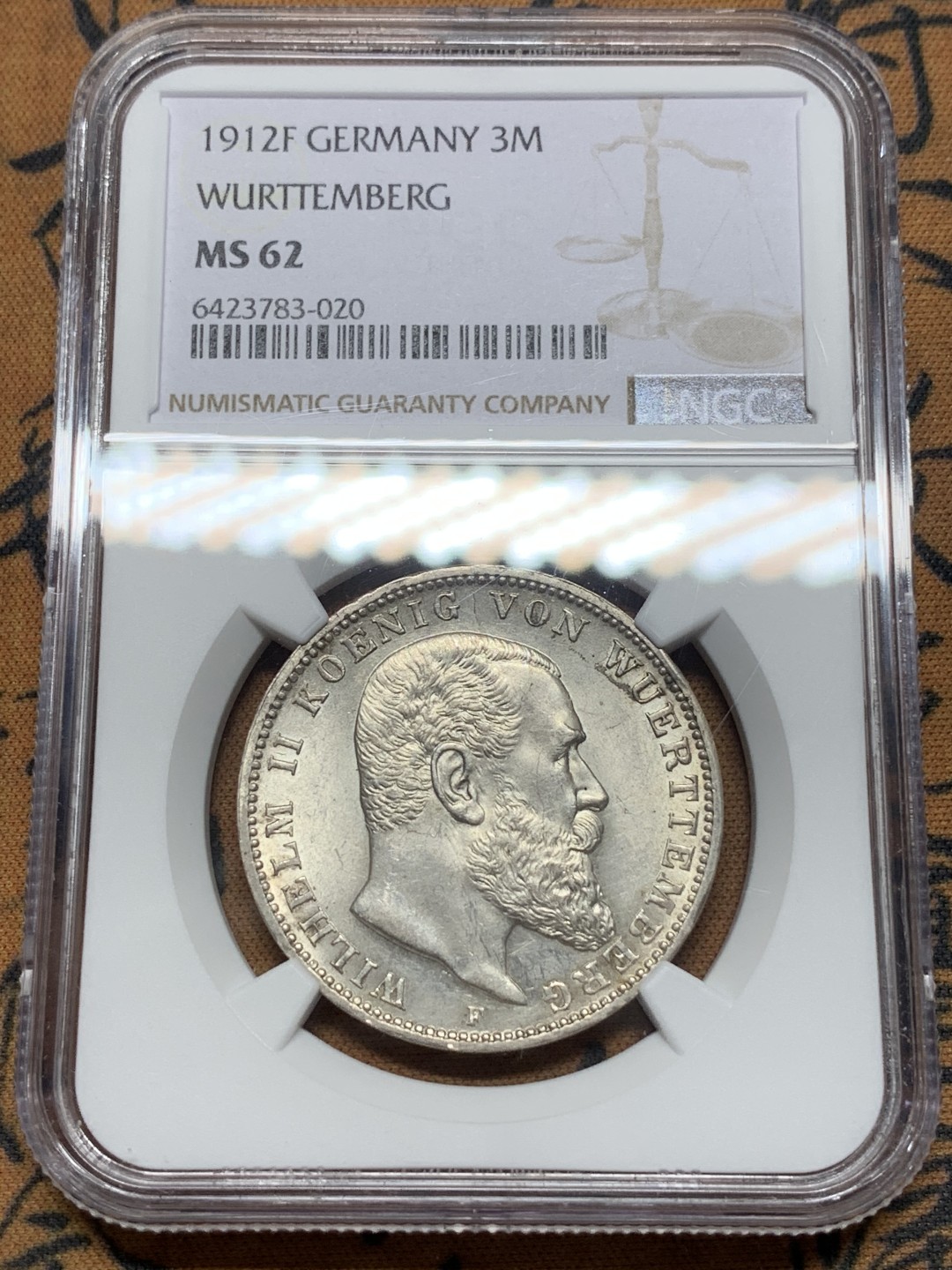 《竞宝斋》第113场-周日，周一 ，2场连拍（全场包邮） NGC-MS62 德国符腾堡 1912年 威廉二世 3马克银币 原光好品