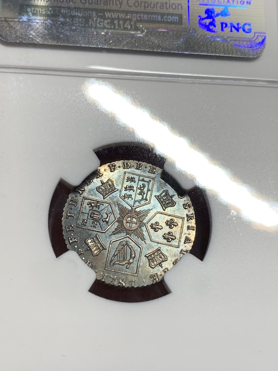 《竞宝斋》第113场-周日，周一 ，2场连拍（全场包邮） NGC MS64 英国乔三 1787 6便士 无心版 高分稀少品种