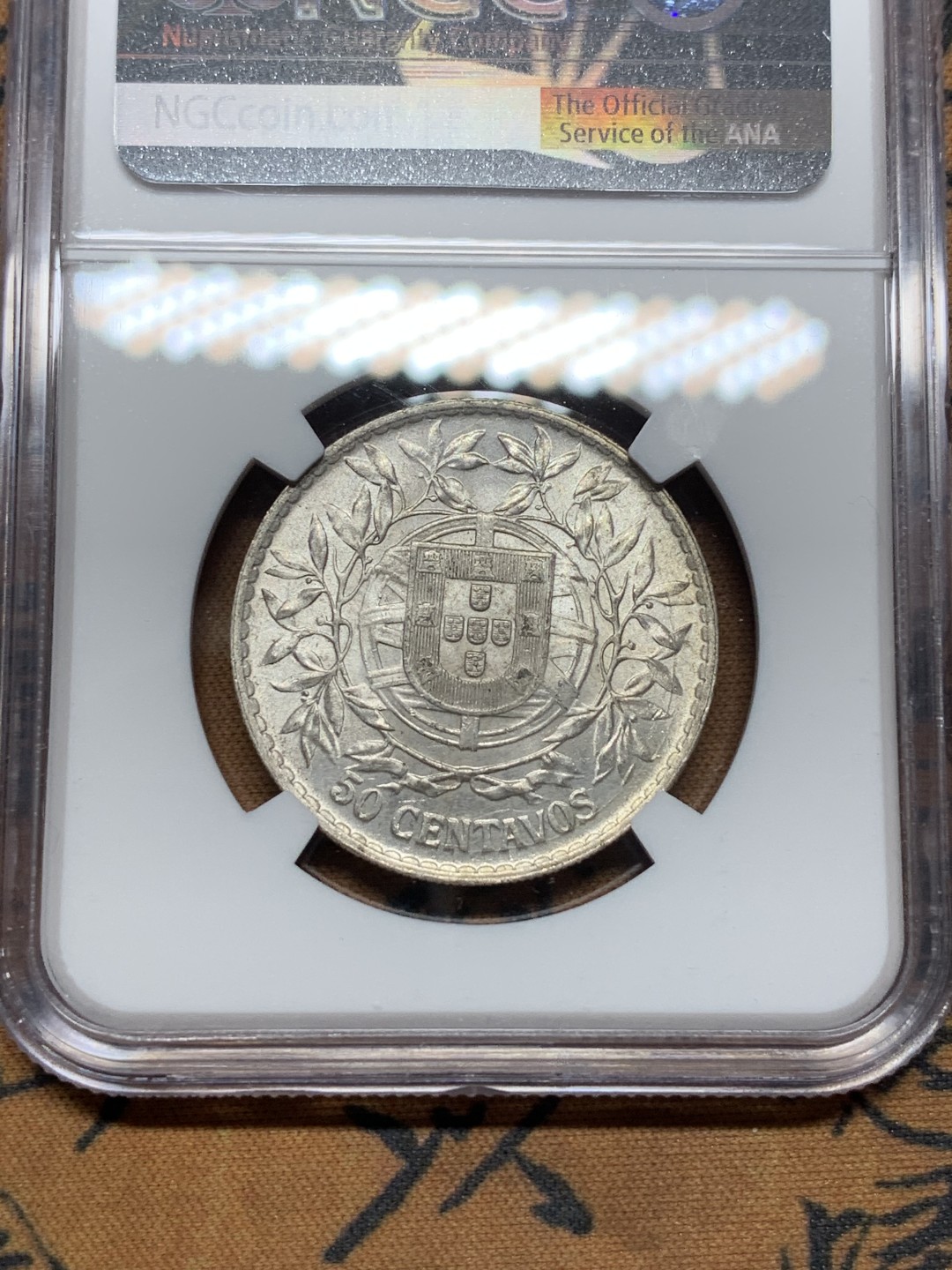 《竞宝斋》第113场-周日，周一 ，2场连拍（全场包邮） NGC-MS63 葡萄牙1916年 自由女神头像 50分银币 原光好品