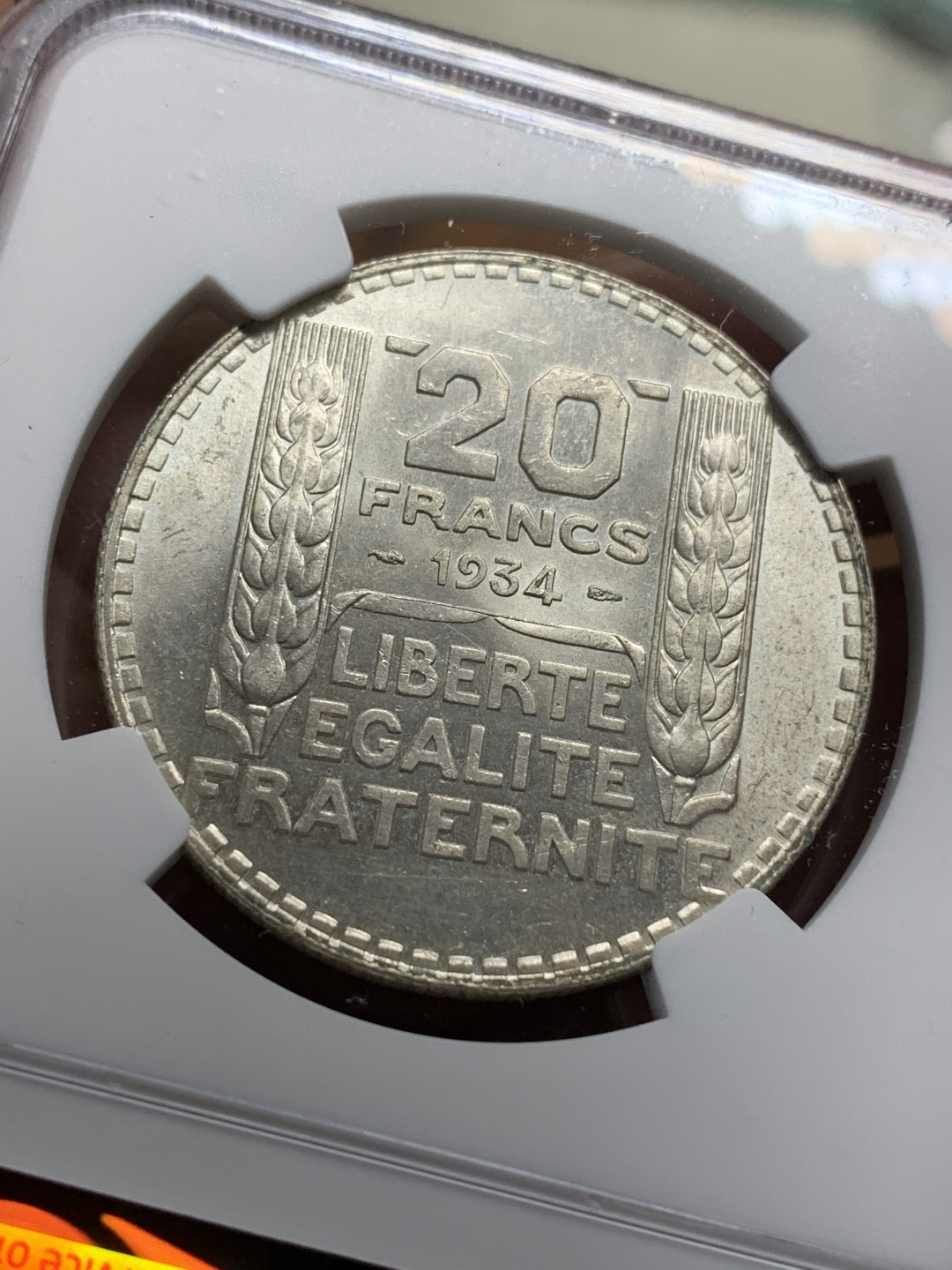 《竞宝斋》第113场-周日，周一 ，2场连拍（全场包邮） NGC-MS64 法国1934年 谷物女神20法郎 大银币 粉光顶级状态 非常难得