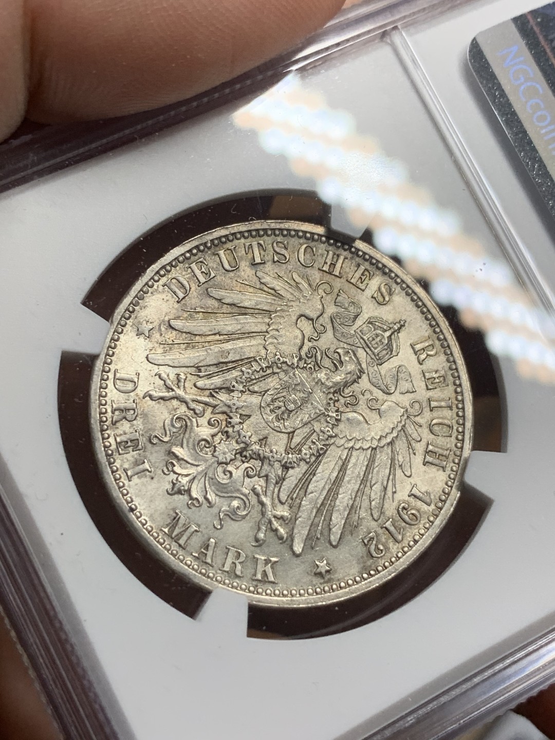 《竞宝斋》第113场-周日，周一 ，2场连拍（全场包邮） NGC-MS62 德国符腾堡 1912年 威廉二世 3马克银币 原光好品