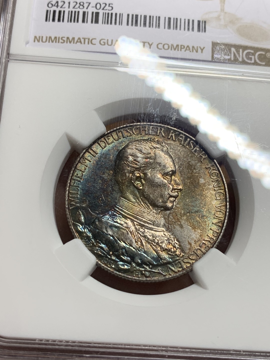 《竞宝斋》第113场-周日，周一 ，2场连拍（全场包邮） NGC MS62 1913年德国普鲁士2马克银币 深五彩包浆