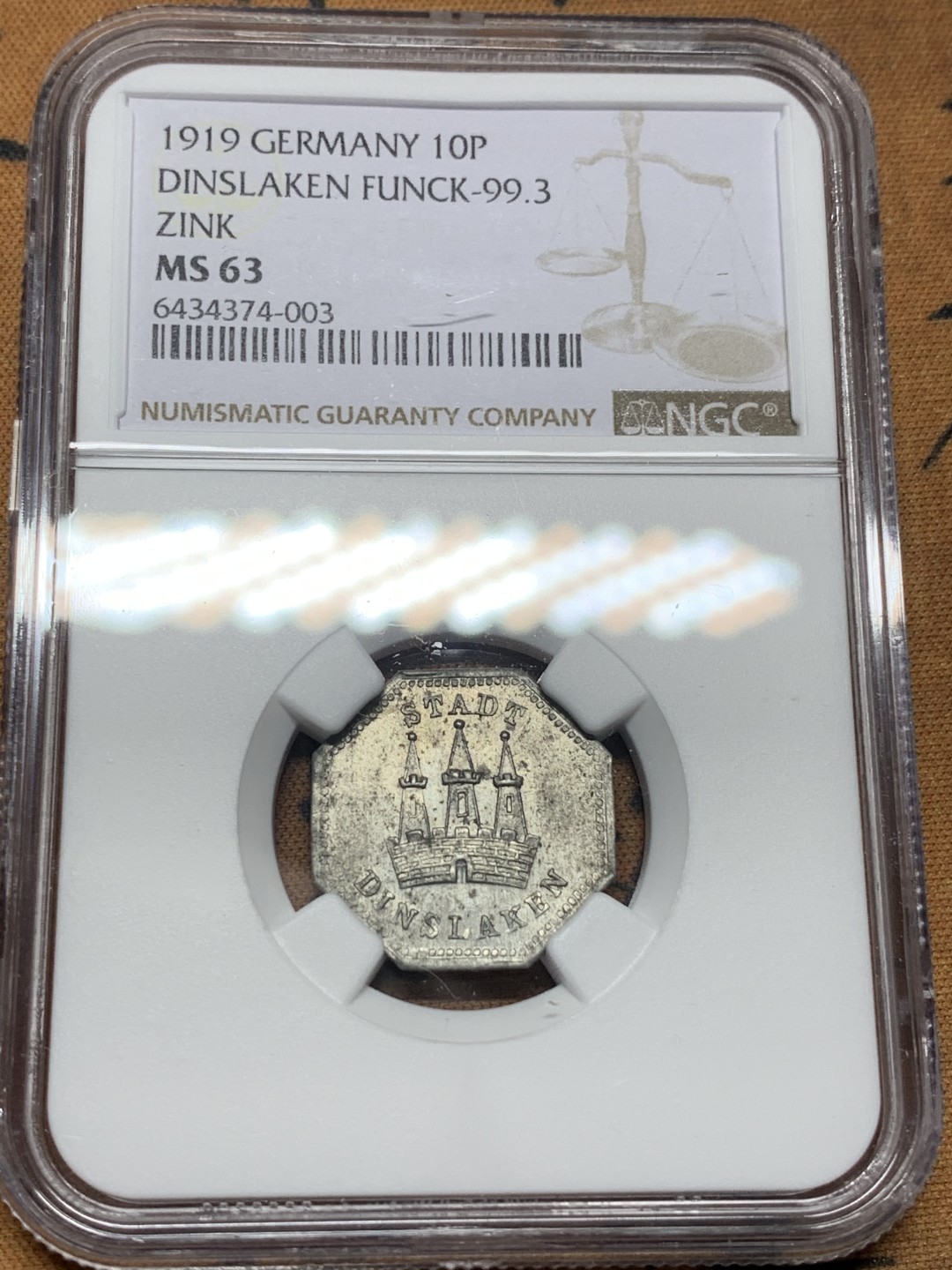 《竞宝斋》第113场-周日，周一 ，2场连拍（全场包邮） NGC-MS63 德紧 德国丁斯拉肯1919年壁冠10芬尼八边形锌币 少见品种