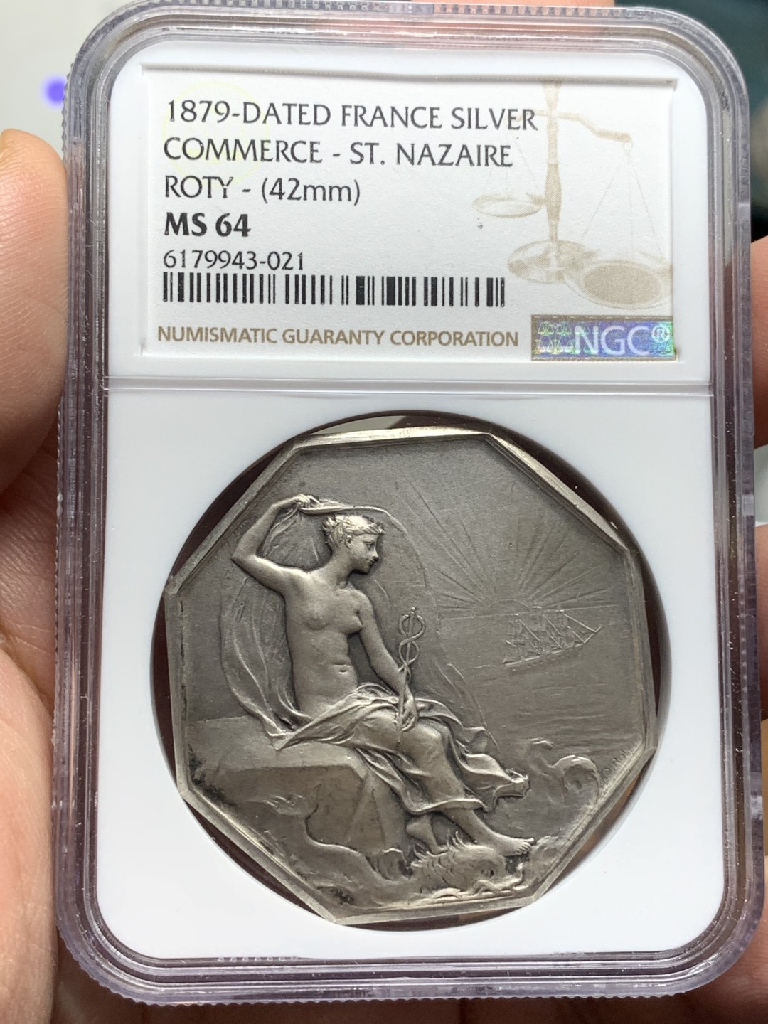 《竞宝斋》第113场-周日，周一 ，2场连拍（全场包邮） NGC MS64 法国 1879年 圣纳泽尔商会八角银章代用币 名家罗蒂作品 稀少品种 难得一见的高分！42mm超大规格