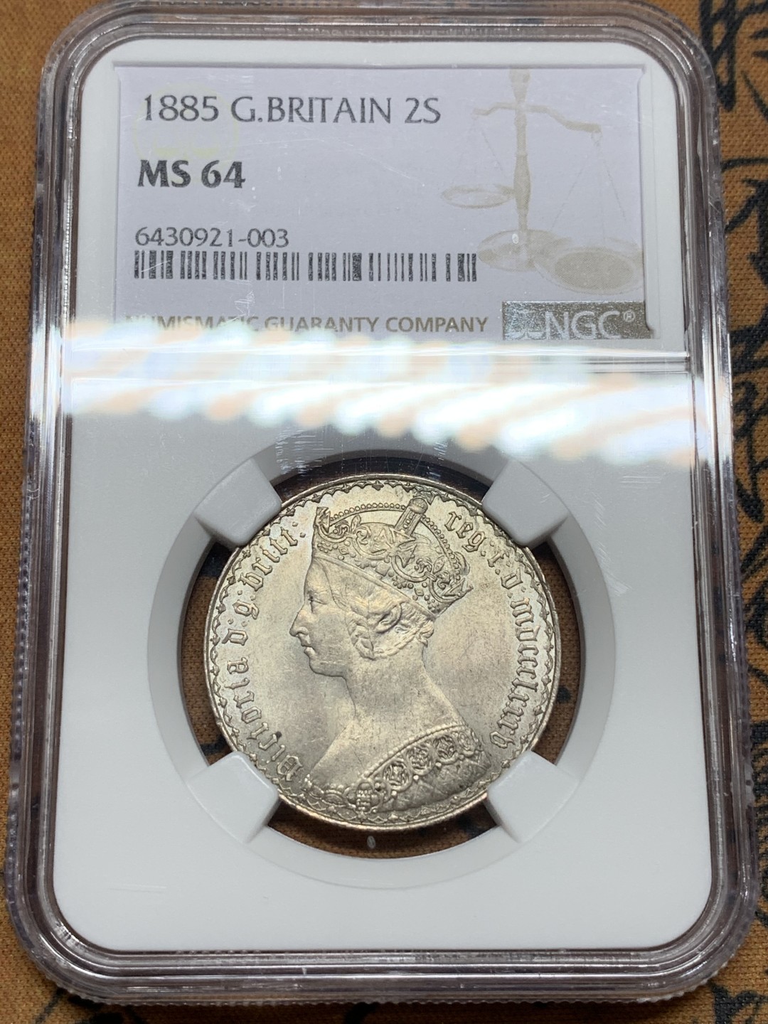 《竞宝斋》第113场-周日，周一 ，2场连拍（全场包邮） NGC-MS64 英国1885年 哥特 福林银币 光度佳 高分可藏