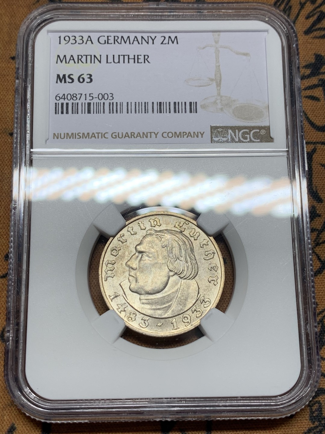 《竞宝斋》第113场-周日，周一 ，2场连拍（全场包邮） NGC-MS63 德国1933年 马丁路德 2马克银币 原光好品 稀少品种