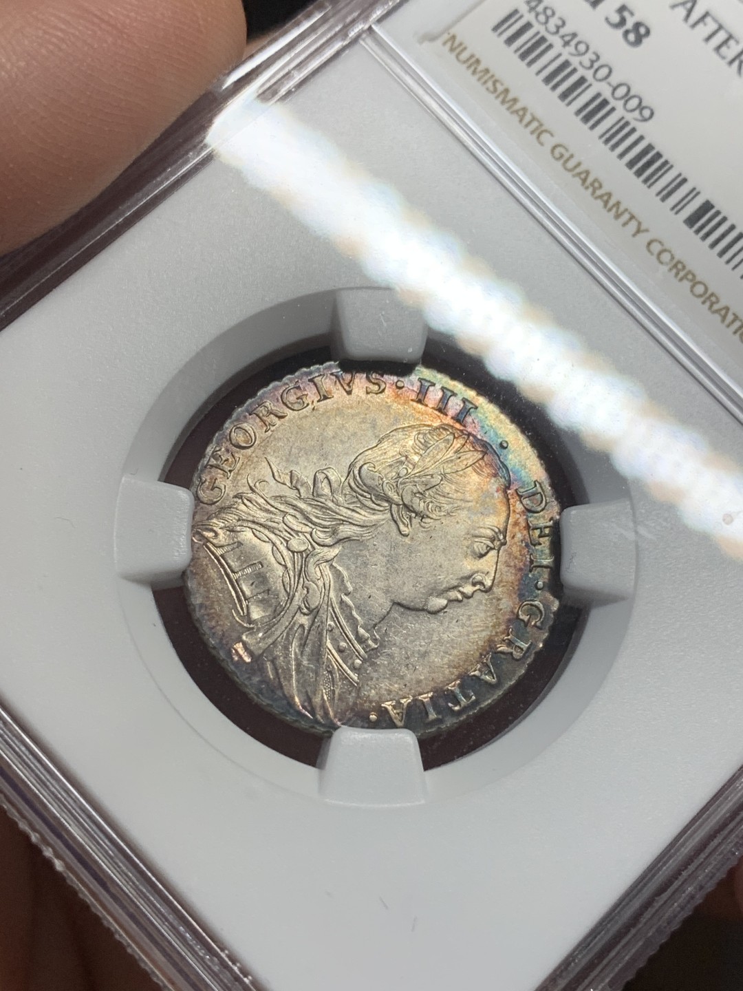 《竞宝斋》第113场-周日，周一 ，2场连拍（全场包邮） NGC AU58 英国乔三 1787 一先令 无心版 稀少品种