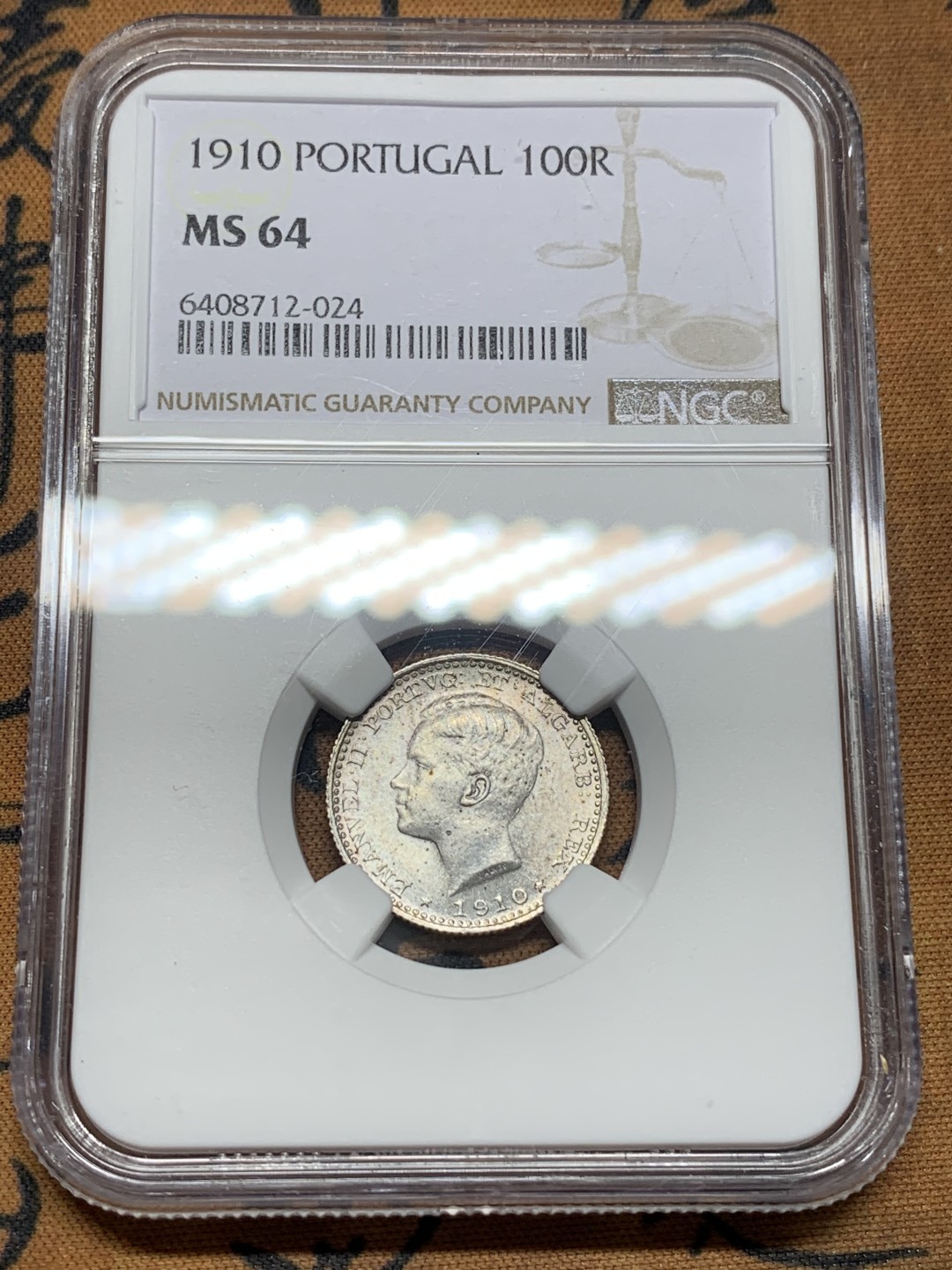 《竞宝斋》第113场-周日，周一 ，2场连拍（全场包邮） NGC-MS64 葡萄牙1910年 100R银币 小辅币 好品难得