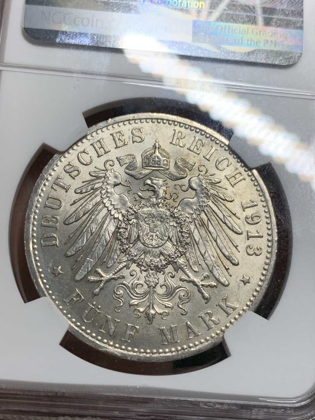 《竞宝斋》第113场-周日，周一 ，2场连拍（全场包邮） NGC MS61  德国 1913年 普鲁士 威廉二世 军装版5马克，强转光，底板清晰，低评