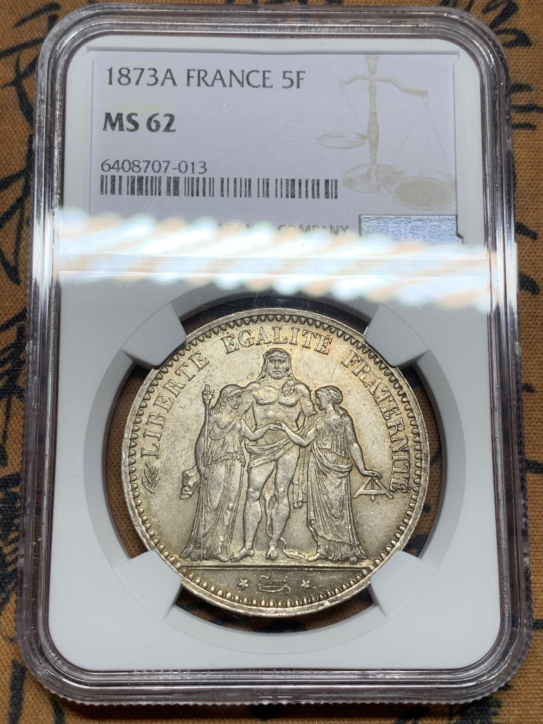 《竞宝斋》第113场-周日，周一 ，2场连拍（全场包邮） NGC-MS62 法国1873年 大力神 5法郎大银币 原光带彩