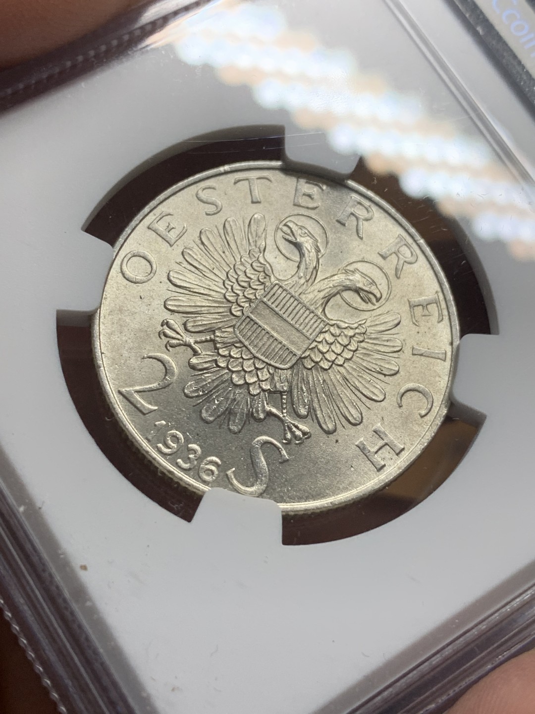 《竞宝斋》第113场-周日，周一 ，2场连拍（全场包邮） NGC-MS64 奥地利1936年 欧根亲王 2先令银币 顶级品相