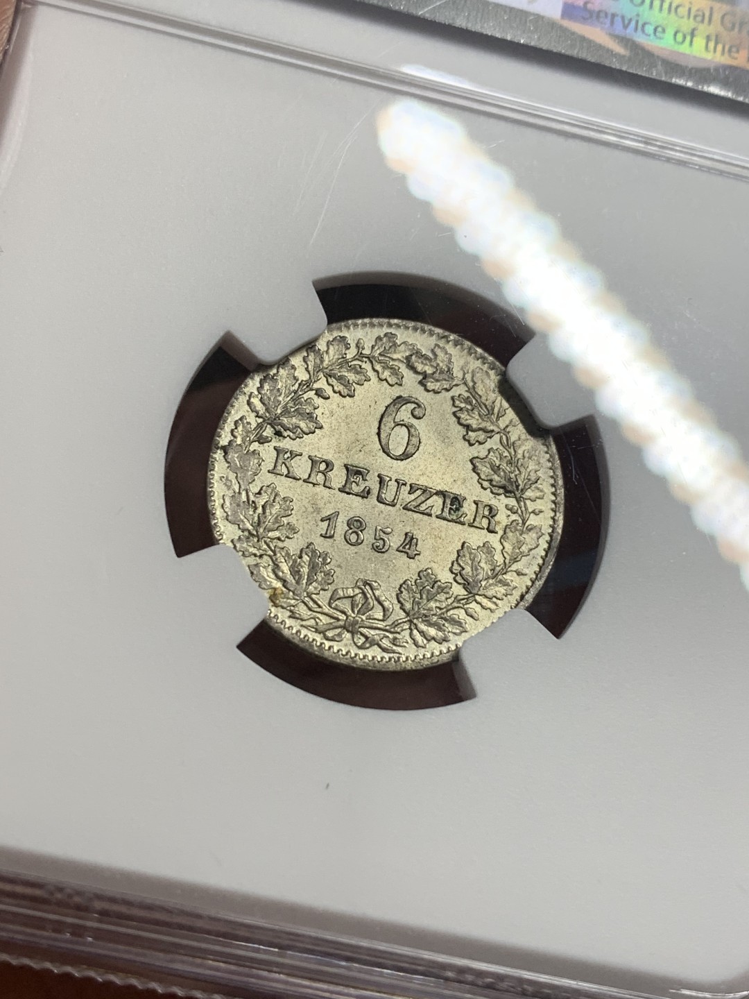 《竞宝斋》第113场-周日，周一 ，2场连拍（全场包邮） NGC MS62，德国法兰克福1854年6克鲁兹，著名的景观银币