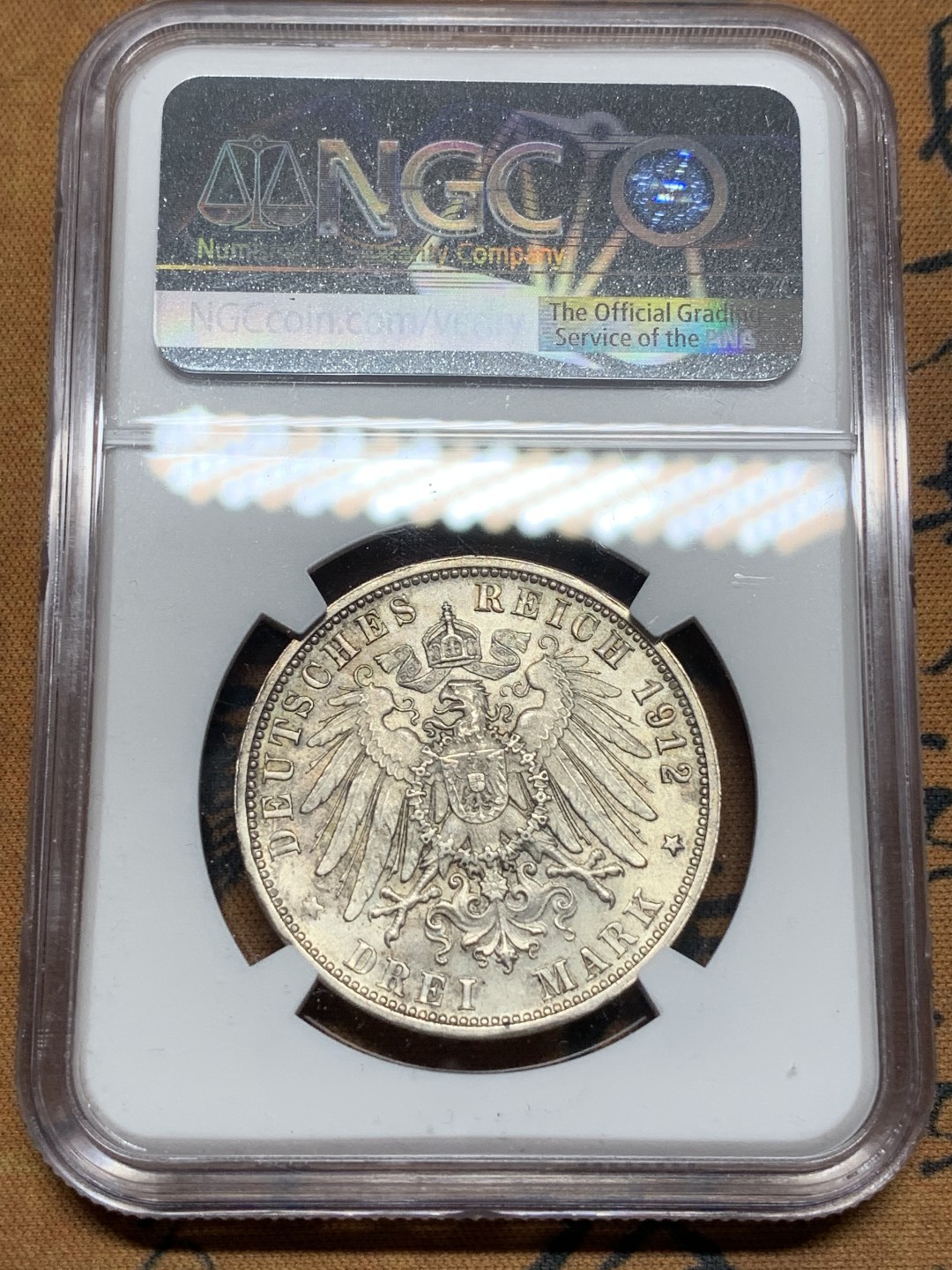 《竞宝斋》第113场-周日，周一 ，2场连拍（全场包邮） NGC-MS62 德国符腾堡 1912年 威廉二世 3马克银币 原光好品