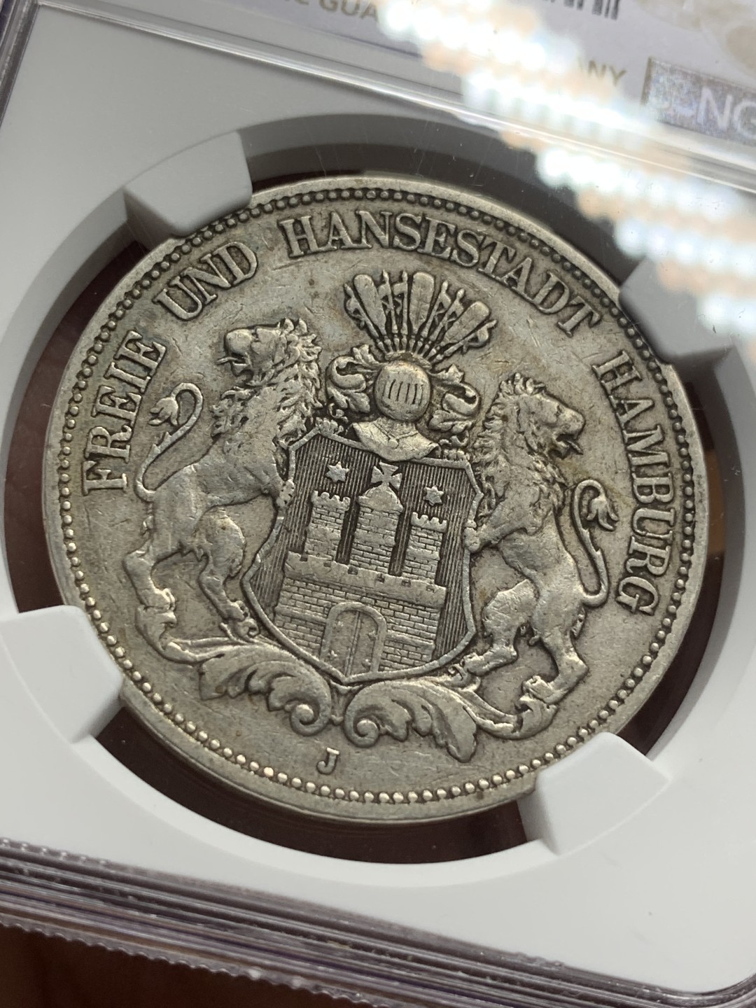 《竞宝斋》第113场-周日，周一 ，2场连拍（全场包邮） 第三名 NGC-XF45 德国汉堡 1893年 早期双狮盾牌5马克 大银币 早期年份出分不易