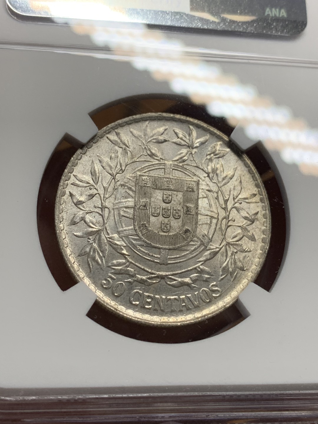 《竞宝斋》第113场-周日，周一 ，2场连拍（全场包邮） NGC-MS63 葡萄牙1916年 自由女神头像 50分银币 原光好品