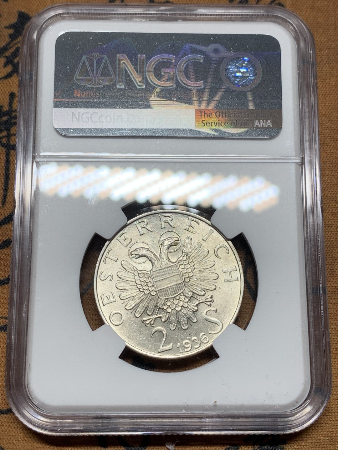 《竞宝斋》第113场-周日，周一 ，2场连拍（全场包邮） NGC-MS64 奥地利1936年 欧根亲王 2先令银币 顶级品相