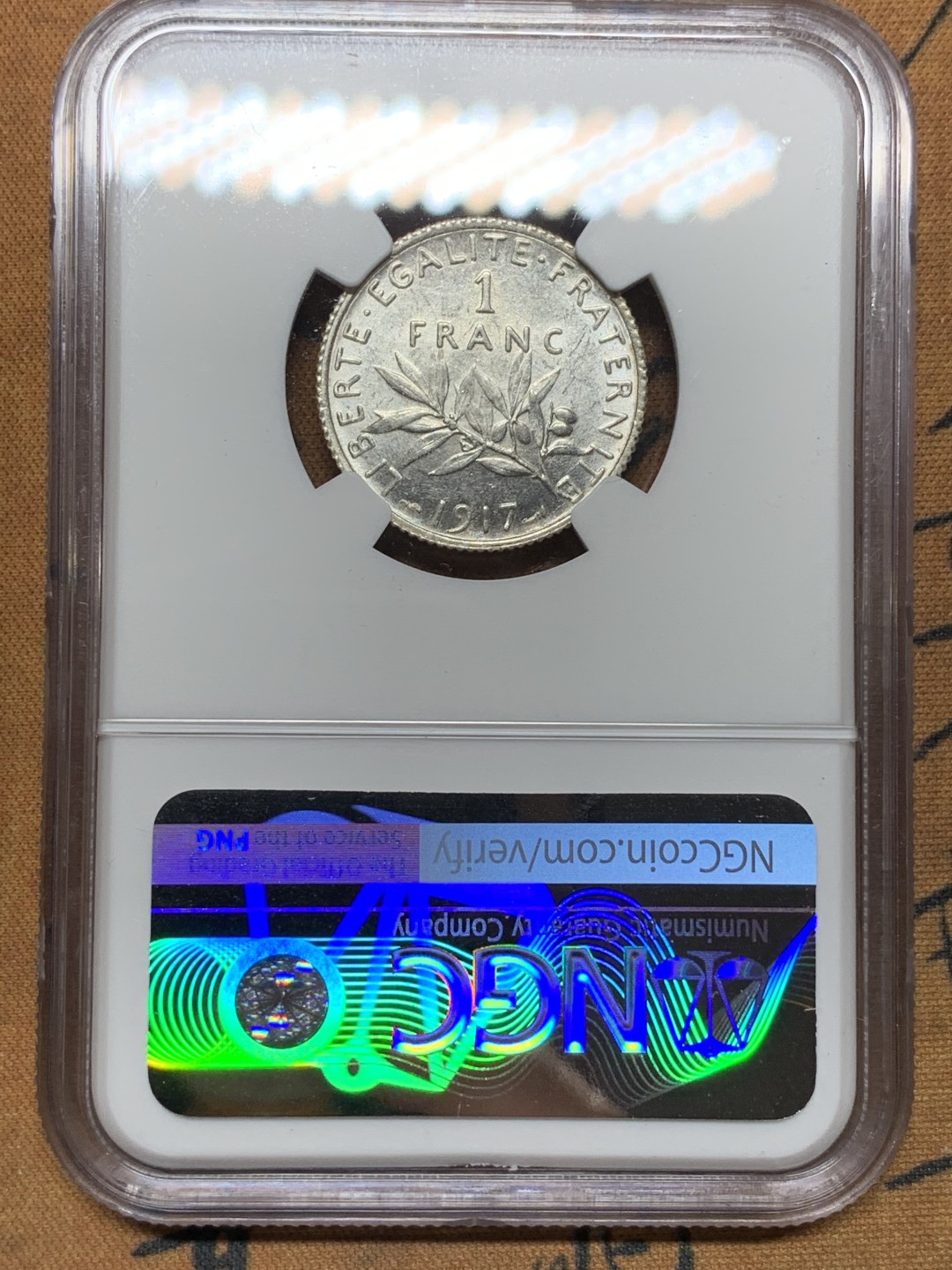 《竞宝斋》第113场-周日，周一 ，2场连拍（全场包邮） NGC MS61法国1917年播种1法郎美品银币