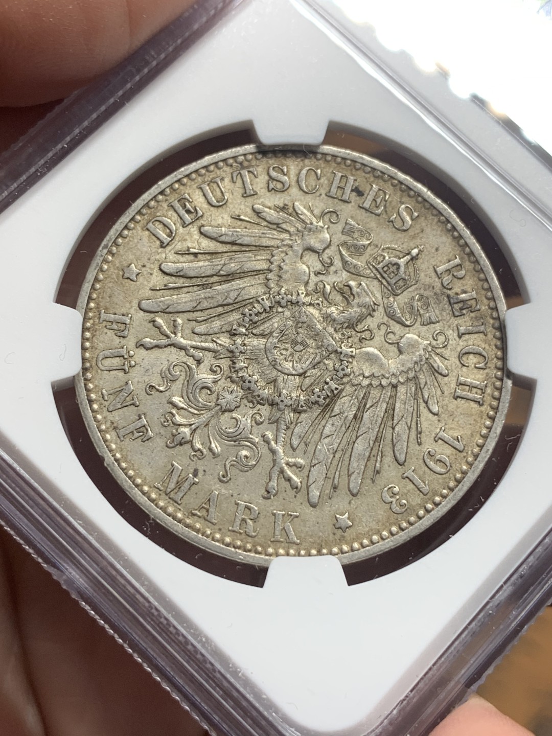 《竞宝斋》第113场-周日，周一 ，2场连拍（全场包邮） NGC-AU58 德国符腾堡 1913年 威廉二世大胡子 5马克银币 原味带彩 非常漂亮