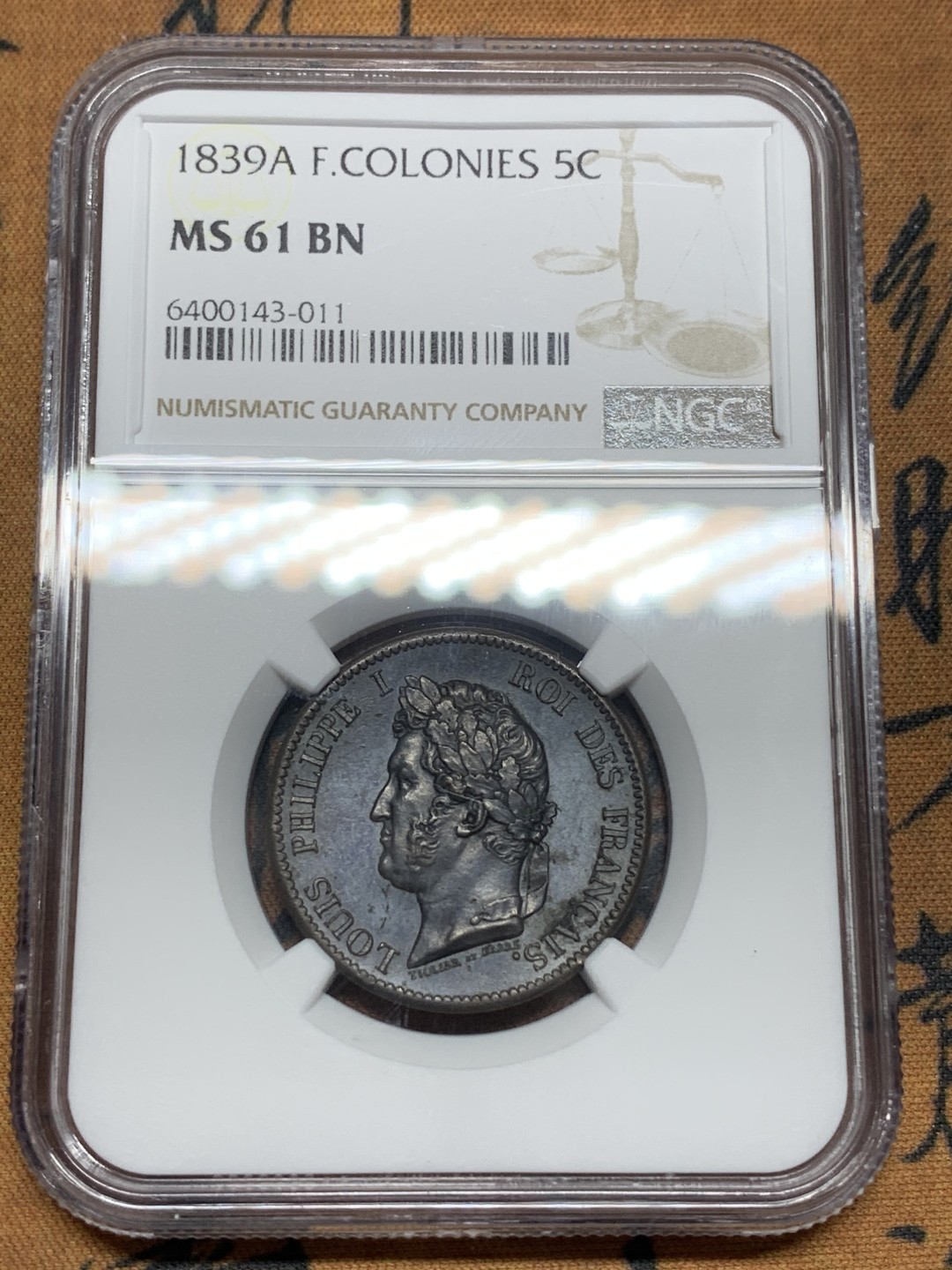 《竞宝斋》第113场-周日，周一 ，2场连拍（全场包邮） NGC MS61BN，法国1839年5生丁铜币，全品无磕碰黑包浆上MS不易