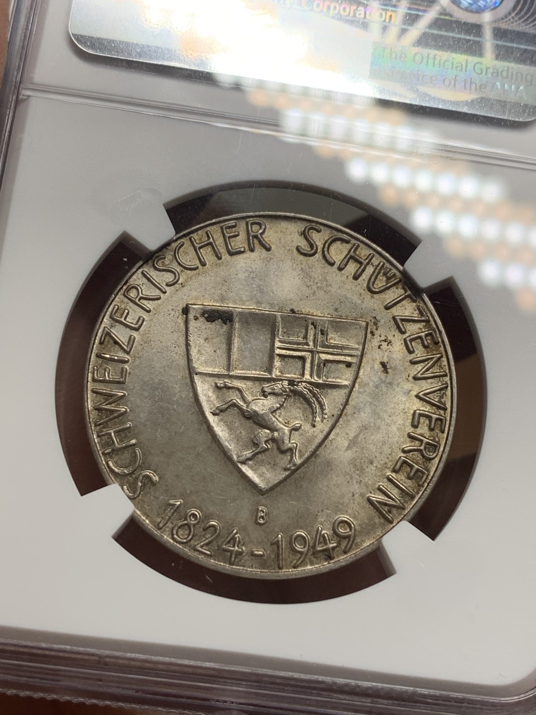 《竞宝斋》第113场-周日，周一 ，2场连拍（全场包邮） NGC MS63，瑞士1949年劳宾登射击节银章，总共不到500枚