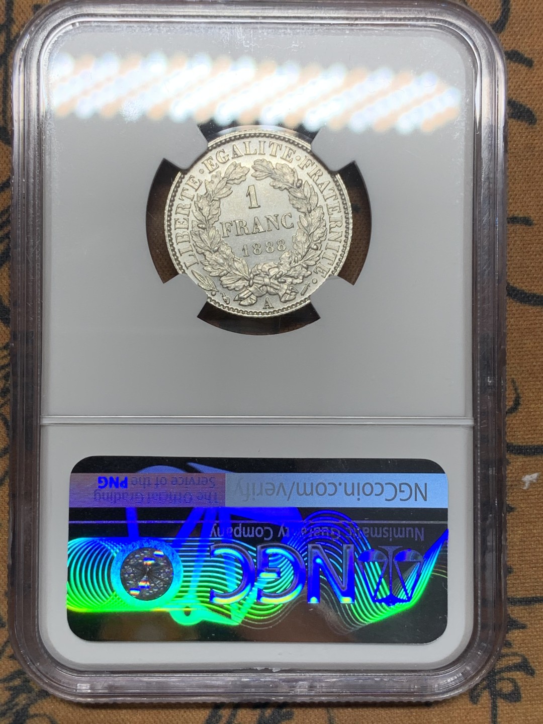 《竞宝斋》第113场-周日，周一 ，2场连拍（全场包邮） NGC-MS62 法国1888年 谷物女神1法郎银币 原光好品 发财年份