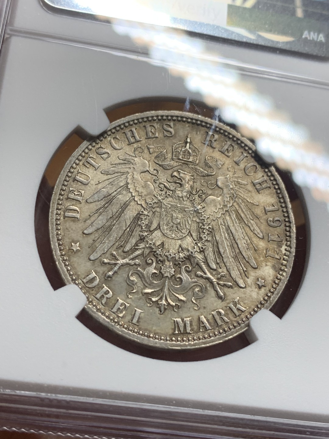 《竞宝斋》第113场-周日，周一 ，2场连拍（全场包邮） NGC-MS64 德国巴伐利亚 1911年 九十周年生日纪念 3马克大银币 欧洲包浆 顶级状态