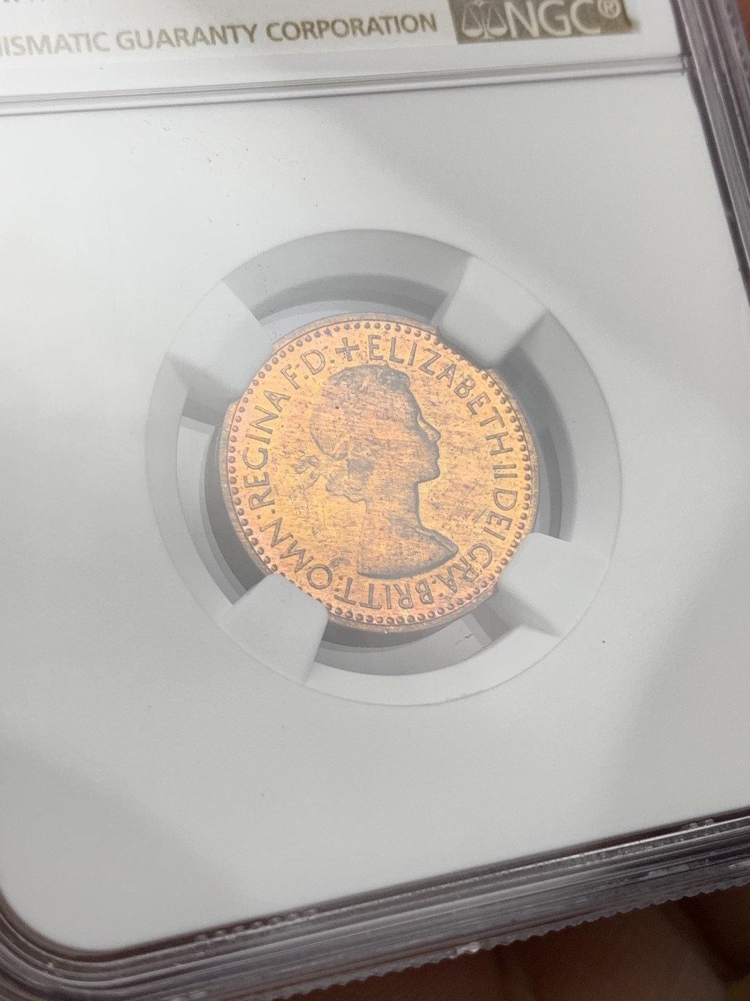 《竞宝斋》第113场-周日，周一 ，2场连拍（全场包邮） NGC-PF63RB 英国1953年伊丽莎白二世1/4便士精制铜币