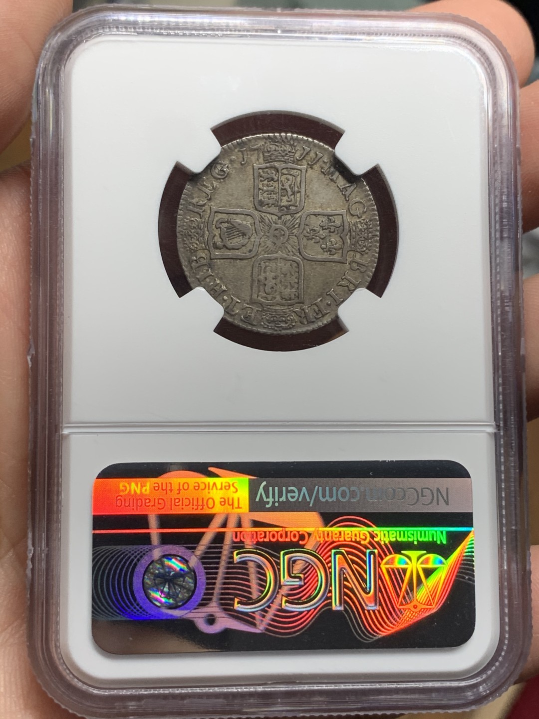 《竞宝斋》第113场-周日，周一 ，2场连拍（全场包邮） NGC-XF40 英国 1711年 安妮女王1先令银币 女王发丝细节尚存，图案文字打制清晰。18年P盒同分sbp含佣204美元成交，英系经典品种