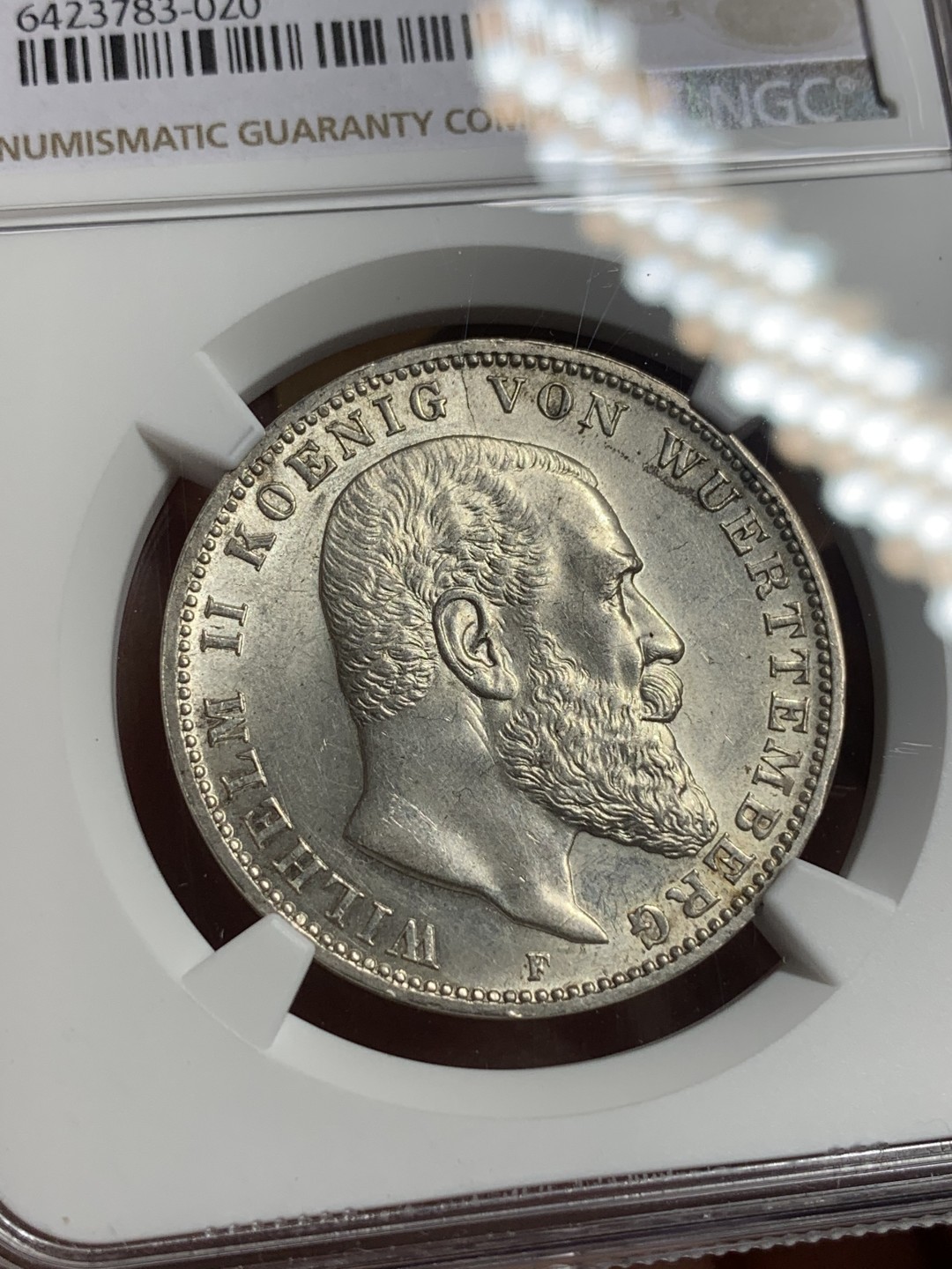 《竞宝斋》第113场-周日，周一 ，2场连拍（全场包邮） NGC-MS62 德国符腾堡 1912年 威廉二世 3马克银币 原光好品