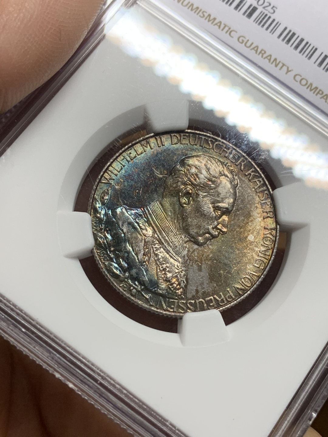 《竞宝斋》第113场-周日，周一 ，2场连拍（全场包邮） NGC MS62 1913年德国普鲁士2马克银币 深五彩包浆