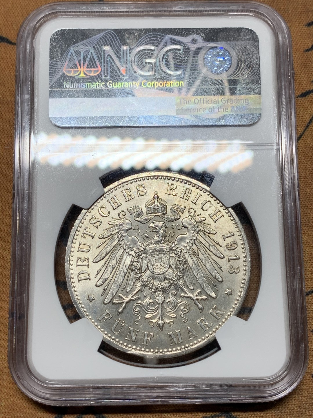 《竞宝斋》第113场-周日，周一 ，2场连拍（全场包邮） NGC MS61  德国 1913年 普鲁士 威廉二世 军装版5马克，强转光，底板清晰，低评