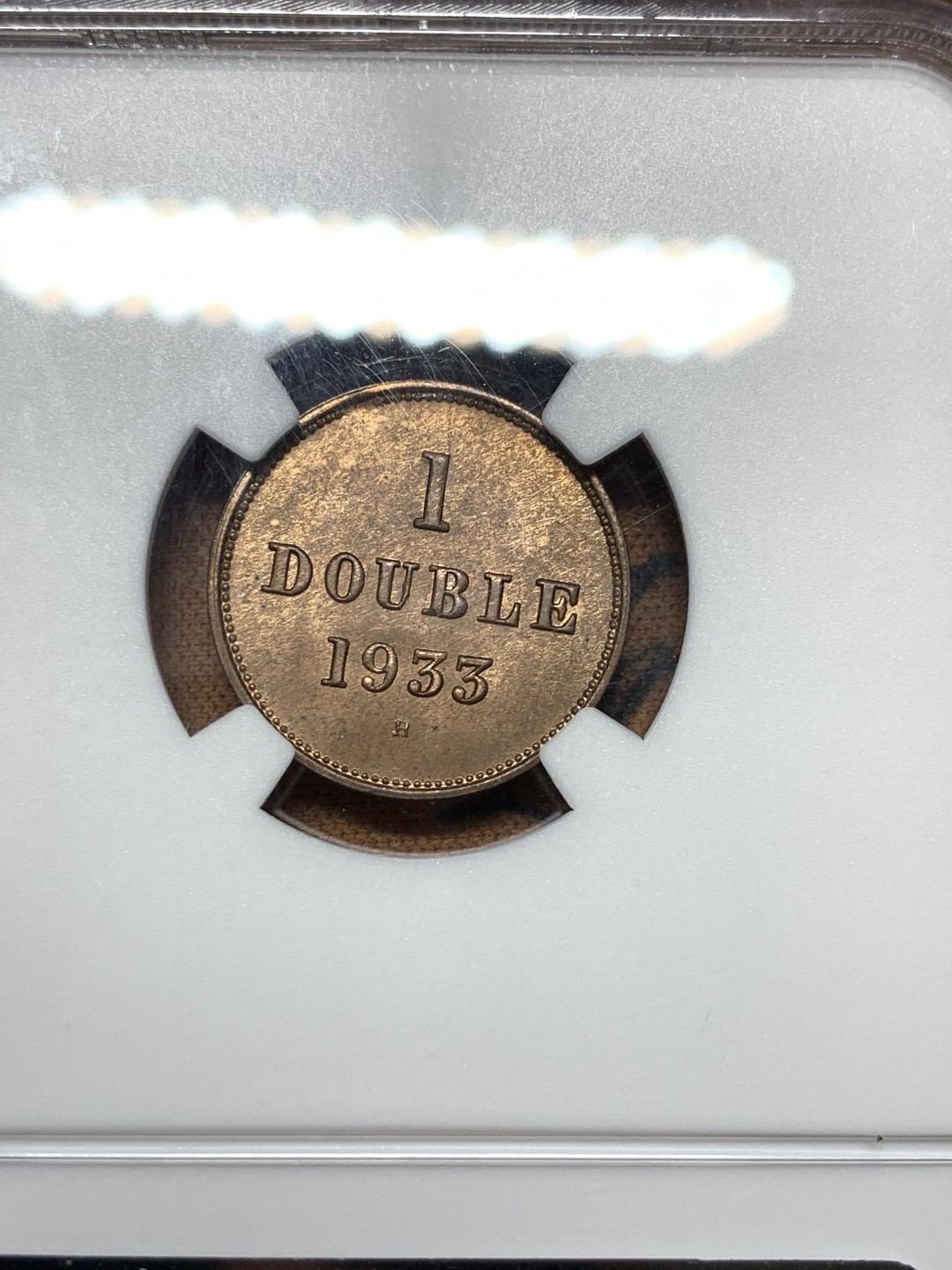 《竞宝斋》第113场-周日，周一 ，2场连拍（全场包邮） NGC-MS64RB 英属根西 1933年 1道布 Double 原铜光